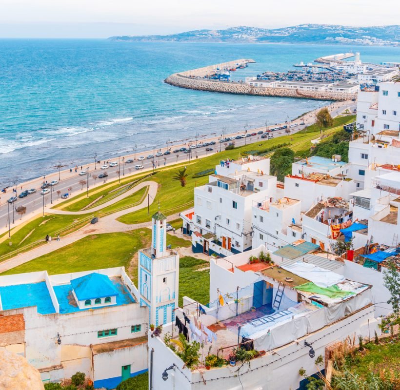 Tangier, Morocco. White Residential buildings on a hill facing the Strait of Gibraltar